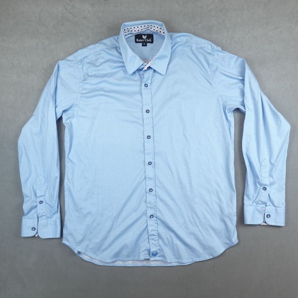 Butter Cloth Shirt Mens Striped Long Sleeve Button Up Blue Slim Size XL